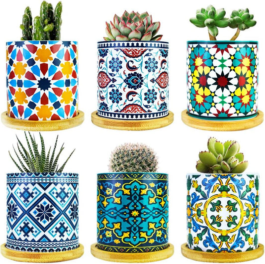 6 Pack Mandala Succulent Plant Pot with Bamboo Trays, Ceramic Multicolored Succulent Container Planter Pot for Small Plant