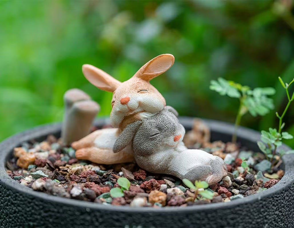 Miniature Small Love Rabbits Sleeping , Fairy Garden Supplies Terrarium Accessories